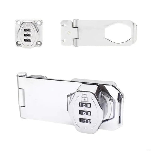 Gate Locks Twist Hasp Latches Without Combination Lock, chrome finish, 3-piece set view with locking mechanism.