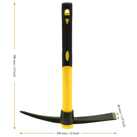 Two Piece 15 Inch Pick Mattock Hoe Set With Yellow Fiberglass Handle For Garden Cultivation And Prospecting Durable Forged Carbon Steel Head
