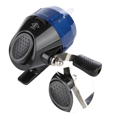 Lightweight Spincast Fishing Reel With Metal Body And Self Retrieving Handle Nylon Line Ready For Anglers Portable Red Gear For Easy Casting And No Tangling Great For Casual And Weekend Fishing, shown from a side angle with a blue casing.