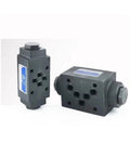 Two black Amazon MPCV hydraulic control check valves with blue labels and multiple ports