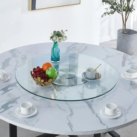 Premium Tempered Glass Lazy Susan Turntable Featuring A Sleek Swivel Design That Goes Hard For Family Dinners And Banquets on a round dining table with fruits.
