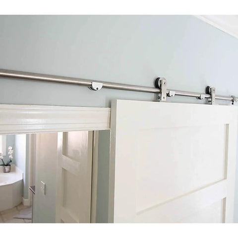 Stainless Steel Sliding Barn Door Hardware Kit 10 Foot Track For Double Doors Includes Two 1525mm Rails installed view