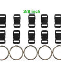 Ten 3/8 inch black side release buckles and five 32mm key rings from Paracord 550 Kit With Five Colors Olive Drab ACU Woodland Camo Desert Camo And Black 100 Feet Total Includes Ten 3 8 Inch Black Side Release Buckles And Five 32mm Key Rings For Bracelet Crafting And Trail Ready Gear