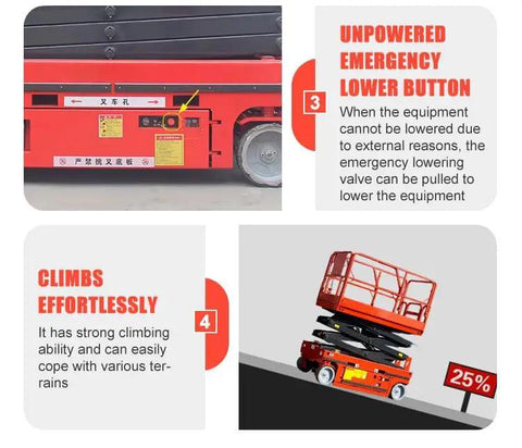 Detail of Heavy Duty Scissor Lift Table Featuring Smooth Rolling Hydraulic Mobile Platform showing emergency lower button.