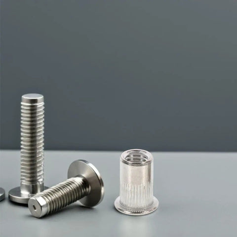 70 Pcs M5 Stainless Steel Flat Head Rivet Nuts Kit for quick fixes in machinery, furniture, and electronics shown on a gray background.