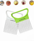 Front view of MAMMUFUNDS green and white two-handle stainless steel vegetable slicer with long prongs.