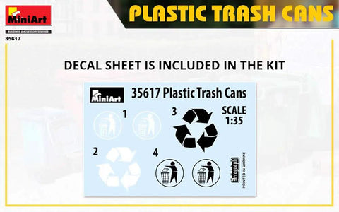 1 35-Scale Plastic Trash Cans Kit - Unpainted, Ready-To-Assemble Set Of 4 With Decals sheet for scale models.