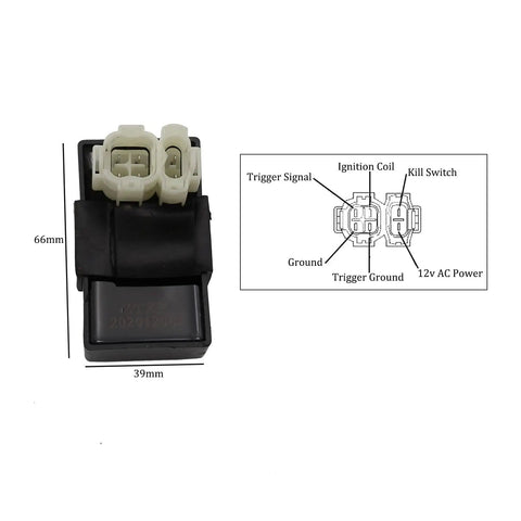 Front view of 6 Pin AC CDI Box For GY6 Scooters And ATVs with wiring diagram, 66x39mm, for easy install and durable use.