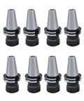 CAT40 ER32 Collet Chuck Set, 8 Piece, 2.76 Inch Gage Length, displayed in a row, pro grade durable quenched steel