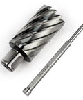 Oscarbide annular cutter, angled view; 3/4 in Weldon shank, 1-3/8 in diameter, 2 in depth; 1 piece