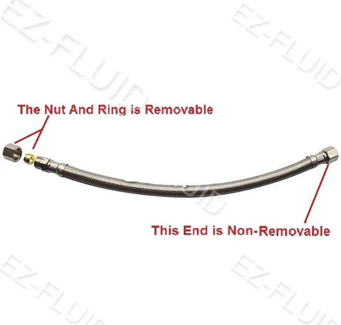 Image of Three Eighths Inch Male To Three Eighths Inch Female Compression Stainless Steel Braided Faucet Extension Line 12 Inch with labeled removable and non-removable ends.