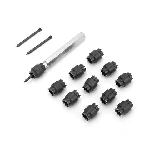 13 Piece Three Eighths Inch Double Sided HSS Spot Weld Cutter Kit With Hex Shank Drill Bits For Spot Weld Removal And Sheet Metal Panel Separator For Access Hole Cutting, set view