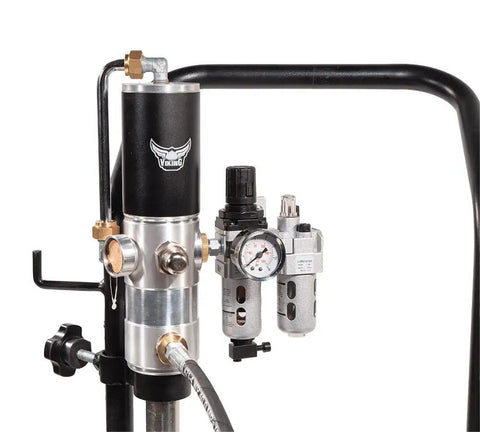 Close-up of 50 to 1 Ratio Air Operated Grease Pump Kit for 5 Gallon Bucket With Trolley Mounted Setup showing pump and controls.
