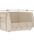 Stackable Plastic Storage Bins Three Pack For Garage Pantry And Craft Room Organization Built To Take A Beating Holds Up To 75 Pounds Each Space Saving Yellow Bins Measuring 18 By 16 By 11 Inches, showing beige bin