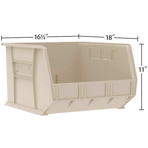 Stackable Plastic Storage Bins Three Pack For Garage Pantry And Craft Room Organization Built To Take A Beating Holds Up To 75 Pounds Each Space Saving Yellow Bins Measuring 18 By 16 By 11 Inches, showing beige bin