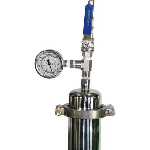 Close-up of Straight Up Heavy Duty 10LB Closed Loop Extractor System pressure gauge and valve, stainless steel construction.