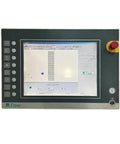 Flow waterjet control panel front view with touchscreen and emergency stop button.