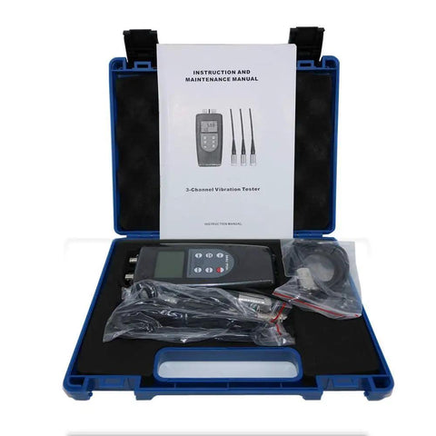 Three Channel Vibrometer Gauge Analyzer With Three Piezoelectric Transducers For Vibration Testing, kit in blue case