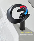 Matte Black Vessel Faucet With Ultra Wide Waterfall Spout High Flow Single Handle One Hole Deck Mount Lavatory Brass Faucet For Vanity Sink Tall Hollowed Body Design Farmhouse Modern Look showing water flow and temperature control