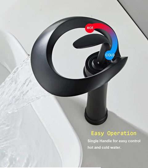 Matte Black Vessel Faucet With Ultra Wide Waterfall Spout High Flow Single Handle One Hole Deck Mount Lavatory Brass Faucet For Vanity Sink Tall Hollowed Body Design Farmhouse Modern Look showing water flow and temperature control