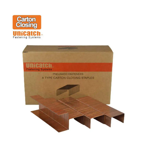 Tough As Nails Workhorse A Type Carton Closing Staples With 1 3 8 Inch Crown And 3 4 Inch Leg Copper Finish in packaging.