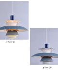 UFO Style Pendant Light Dope Modern Minimalist Ceiling Fixture Aluminum Chandelier showing on and off lighting effect.