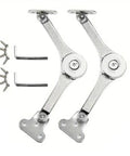 2 Pack Heavy Duty Toy Box Hinges With Soft Close Lid Support Beefed Up 50 Lb Capacity Easy Install Quiet Smooth Operation Ideal For Toy Chests Storage Boxes And DIY Furniture Projects, showing two silver hinges with screws and Allen keys on a white background