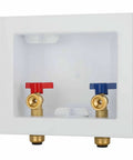 Front view of Washing Machine Outlet Box With Center Drain Push To Connect Inlet One Half Inch And Outlet Three Quarter Inch NH Brass Ball Valves