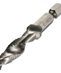 Six Piece Combination Tap And Drill Set Featuring Quarter Inch Hex Shank HSS Metric Threading Taps M3 To M10 showing a close-up of a titanium plated drill bit.