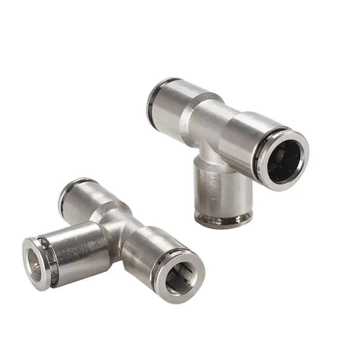 Push To Connect 1/4 Inch Tube 3 Way Tee Pneumatic Fittings Nickel Plated Copper Quick Connector For Air Bags Brakes And Air Compressors