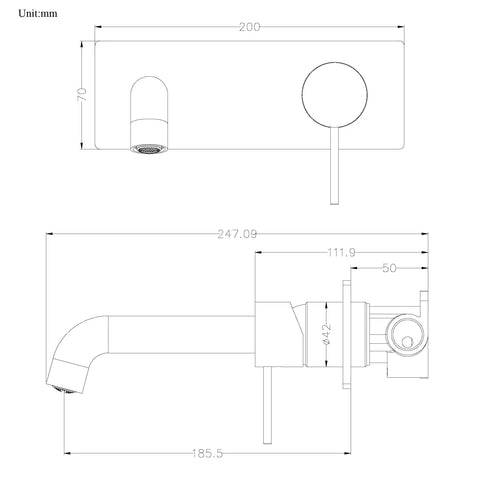 Technical drawing of Copper Single Handle Bathroom Vanity Faucet Wall Mounted Brass Basin Mixer Tap Hot And Cold Spout Brushed Nickel