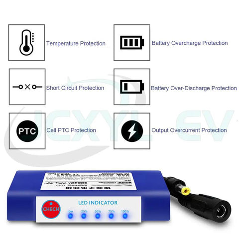 Drop Dead Reliable 12V Rechargeable Lithium Polymer Battery Pack With Integrated Bms Safety Circuit and Heavy Duty Dc Adapter showing protection features.