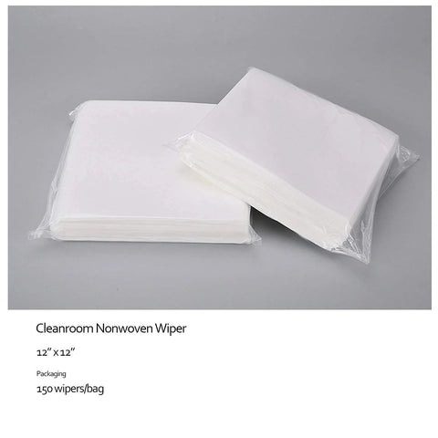 Cleanroom nonwoven wipes, 12x12 in, cellulose/polyester blend; two bags shown (150 wipes each)