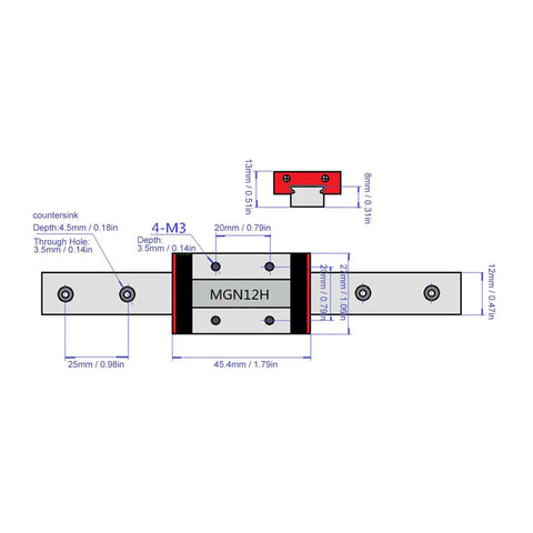 Miniature Linear Rail Slide With Bearing Steel Build For Heavy Duty Quiet Low Friction Motion Interchangeable Parts Industrial Grade Precision For Solar Gear And Other Industrial Automation Setups MGN12H dimensions drawing