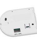 Real Deal High Sensitivity Glass Break Detector For Home Security Systems Adjustable Digital Impact Sensor back view showing white ABS chassis.