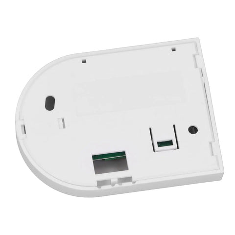 Real Deal High Sensitivity Glass Break Detector For Home Security Systems Adjustable Digital Impact Sensor back view showing white ABS chassis.