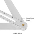 Close-up view of Rock Solid Corner Angle Finder For Spot On Cuts, Precision Miter Saw Protractor, silver aluminum angle markings.