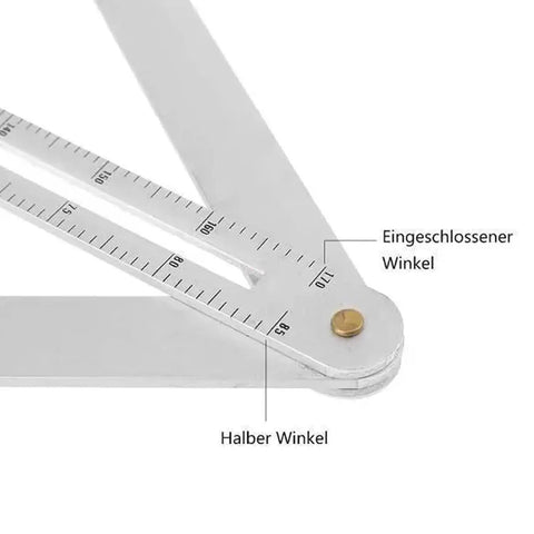 Close-up view of Rock Solid Corner Angle Finder For Spot On Cuts, Precision Miter Saw Protractor, silver aluminum angle markings.
