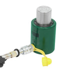 Front view of green 20-ton hydraulic ram jack with CP-180 hand pump and yellow cap