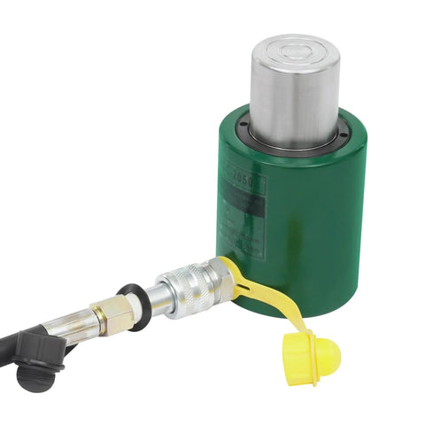 Front view of green 20-ton hydraulic ram jack with CP-180 hand pump and yellow cap