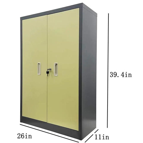 Heavy Duty 48 Drawer Tool Storage Cabinet For Bolts Nuts And Parts Steel Lockable Tool Chest With Doors Workshop Garage Organization Cabinet Durable Parts Organizer For Crafts And Home Improvement with closed yellow doors and black frame, dimensions 39.4x26x11 inches.
