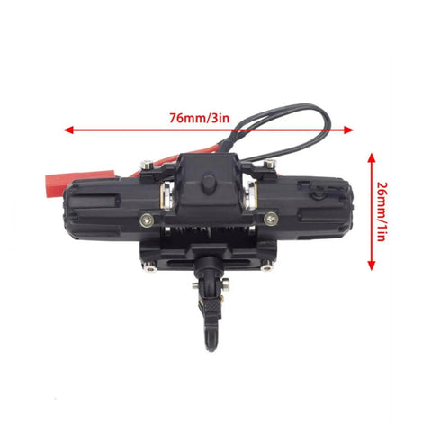 Heavy Duty Electric Rc Winch For 1/10 Scale Crawler Cars With Dual Control And Sturdy Metal Build top view showing dimensions and connector.