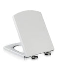 Freakin Smooth Soft Close Square Toilet Seat With Instant Quick Release Toss Design Thickened Polymer Build shown at an angle.
