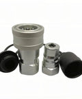 3/8 Inch NPT ISO 7241-B Hydraulic Quick Connect Coupler Set With Dust Caps And Quick Release Disconnect, shown assembled.