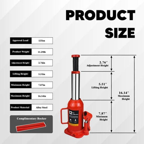 Front view of red steel 12-ton hydraulic bottle jack with handle.