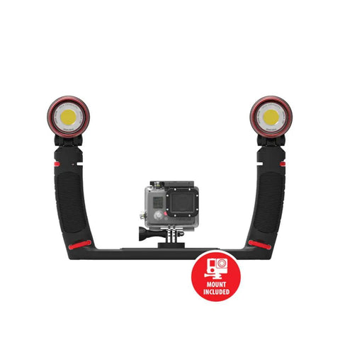 Sea Dragon Duo 5000F Set Pro Grade Underwater Lighting Kit With 2500 Lumen LED And 90 CRI 120 Degree Beam 60 Minute Run Time Expandable Rig For Ocean Photography And Video mounted with camera