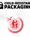 Child-resistant packaging symbol featuring adults and children with scissors in a circle, emphasizing safety features.