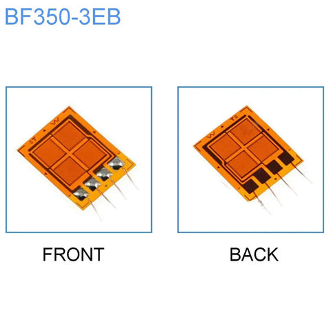 Two Pack 350 Ohm Full Bridge Strain Gauges BF350 3EB, front and back views of 9.6x7.8mm constantan foil sensor