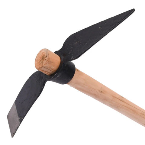 Heavy Duty Garden Pick Axe for Digging and Weeding One Piece Forged Steel Head showing wooden handle and steel blade