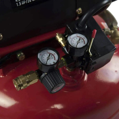 Close-up of pressure gauges and regulator on Rock Solid 20 Gallon Portable Air Compressor With Oil Free Twin V Cast Iron Pump.